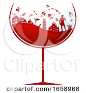 Poster, Art Print Of Glass Of Red Wine With Silhouetted Italian Travel Icons