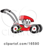Poster, Art Print Of Red Lawn Mower Mascot Cartoon Character Passing By And Chewing On A Blade Of Grass