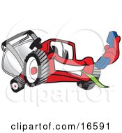 Red Lawn Mower Mascot Cartoon Character Holding Out A Blue Telephone