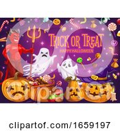 Poster, Art Print Of Halloween Pumpkins With Candies Ghosts And Devil