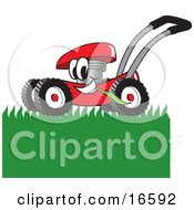Poster, Art Print Of Red Lawn Mower Mascot Cartoon Character Mowing Grass