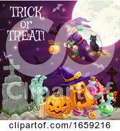 Poster, Art Print Of Witch Halloween Pumpkins Zombie At Cemetery