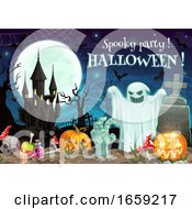 Poster, Art Print Of Spooky Halloween Party On Graveyard Moon And Ghost