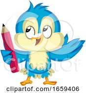 Poster, Art Print Of Blue Bird Holds A Red Pencil
