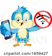 Poster, Art Print Of Blue Bird With Phone And No Wifi Signal