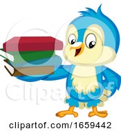 Poster, Art Print Of Blue Bird Is Holding A Pile Of Books