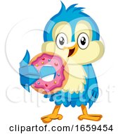 Poster, Art Print Of Blue Bird Is Holding A Doughnut
