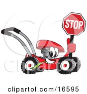 Clipart Picture Of A Red Lawn Mower Mascot Cartoon Character Holding A Stop Sign by Toons4Biz