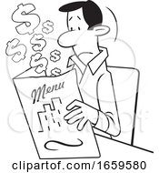 Poster, Art Print Of Cartoon Lineart Man Looking At An Expensive Restaurant Menu