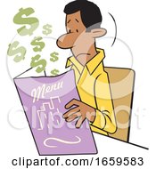 Poster, Art Print Of Cartoon Black Man Looking At An Expensive Restaurant Menu