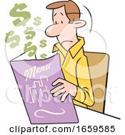 Poster, Art Print Of Cartoon White Man Looking At An Expensive Restaurant Menu