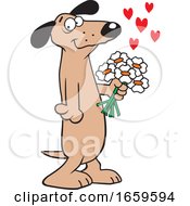 Cartoon Romantic Dachshund Dog Holding Flowers