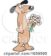 Cartoon Dachshund Dog Holding Flowers