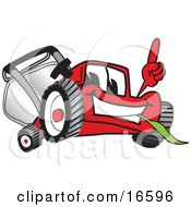 Poster, Art Print Of Red Lawn Mower Mascot Cartoon Character Pointing Upwards
