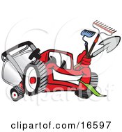 Clipart Picture Of A Red Lawn Mower Mascot Cartoon Character Carrying A Hoe Rake And Shovel While Gardening by Mascot Junction #COLLC16597-0015