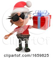 Punk Rocker With Spikey Hair Wearing A Christmas Santa Hat And Holding A Gift Wrapped Present With Bow