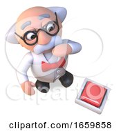 Curious Mad Scientist Professor Character Looks At A Switch On The Floor