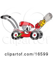 Clipart Picture Of A Red Lawn Mower Mascot Cartoon Character Holding Up A Saw by Toons4Biz