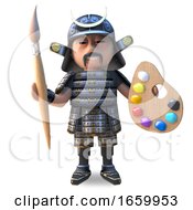 Cartoon Japanese Samurai Warrior Holding A Paintbrush And Palette by Steve Young