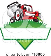 Clipart Picture Of A Red Lawn Mower Mascot Cartoon Character On A Grassy Hill On A Blank Label by Mascot Junction #COLLC16600-0015