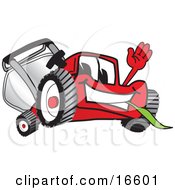 Poster, Art Print Of Red Lawn Mower Mascot Cartoon Character Waving Hello And Eating Grass