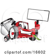 Poster, Art Print Of Red Lawn Mower Mascot Cartoon Character Waving A Blank White Sign