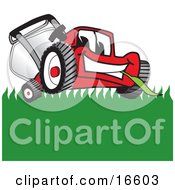 Poster, Art Print Of Red Lawn Mower Mascot Cartoon Character Smiling While Mowing Grass