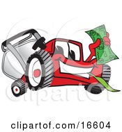Red Lawn Mower Mascot Cartoon Character Waving Cash