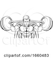 Poster, Art Print Of Superhero Mascot Weightlifter Lifting Big Barbell