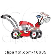 Poster, Art Print Of Red Lawn Mower Mascot Cartoon Character Passing By With A Hoe Rake And Shovel
