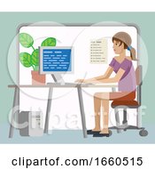 Poster, Art Print Of Woman Working At Desk In Office Cartoon