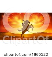 Poster, Art Print Of Cowboy Riding Horse Silhouette Sunset Background