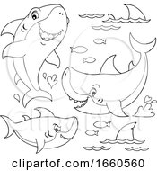 Poster, Art Print Of Cartoon Black And White Sharks And Fish