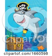 Poster, Art Print Of Cartoon Pirate Shark Over Sunken Treasure