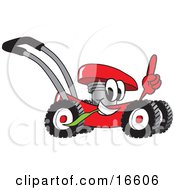 Poster, Art Print Of Red Lawn Mower Mascot Cartoon Character Passing By And Pointing Up