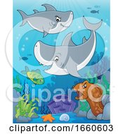 Poster, Art Print Of Cartoon Sharks Eel And Fish Underwater