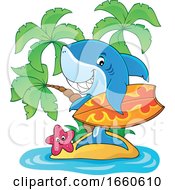 Poster, Art Print Of Cartoon Surfer Shark On An Island