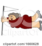 Cartoon Lady Holding Onto A Flag Pole In Extreme Wind