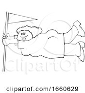 Cartoon Black And White Lady Holding Onto A Flag Pole In Extreme Wind