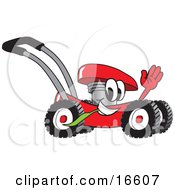 Red Lawn Mower Mascot Cartoon Character Waving While Passing By by Toons4Biz
