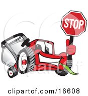Red Lawn Mower Mascot Cartoon Character Waving A Stop Sign by Toons4Biz