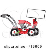 Poster, Art Print Of Red Lawn Mower Mascot Cartoon Character Holding Up A Blank Sign While Passing By