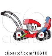 Red Lawn Mower Mascot Cartoon Character Holding A Blue Telephone by Toons4Biz