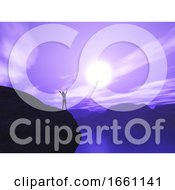 Poster, Art Print Of 3d Female Stood On Cliff With Arms Raised In Joy Against Sunset Landscape