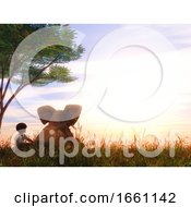 Poster, Art Print Of 3d Landscape With Boy And Baby Elephant Sat Under A Tree