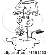 Poster, Art Print Of Cartoon Black And White Holy Cow Angel On A Cloud
