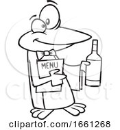 Poster, Art Print Of Cartoon Black And White Maitre D Penguin Holding Wine And A Menu