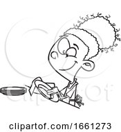 Cartoon Outline Black Girl Drying Dishes