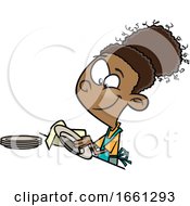 Cartoon Black Girl Drying Dishes
