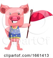 Poster, Art Print Of Pig Holding Red Flag